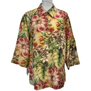 Tropical Button Up Silk Blouse Top Size XL Colorful Floral‎ Leopard Hawaiian VTG